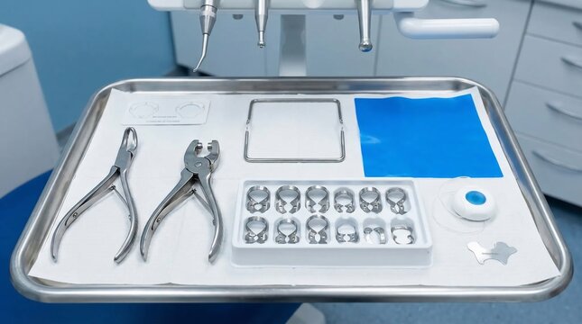 Dental surgical instruments and rubber dam kit on a sterile tray in a clinic.