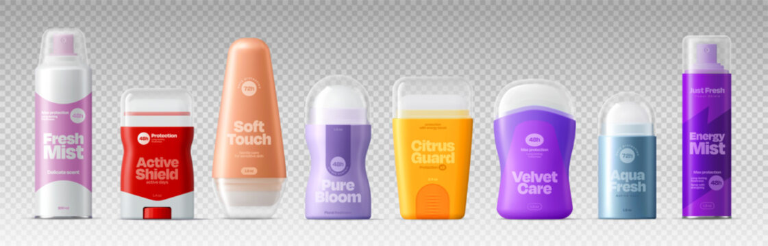 Realistic 3d deodorant package mockup. Vector set of antiperspirants and body spray packaging in vibrant colors. Sticks and roll ons, labeled for freshness, daily protection, and sensitive skin care