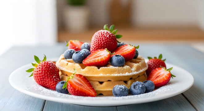 Delicious stack of waffles topped with fresh berries and sweet whipped cream
