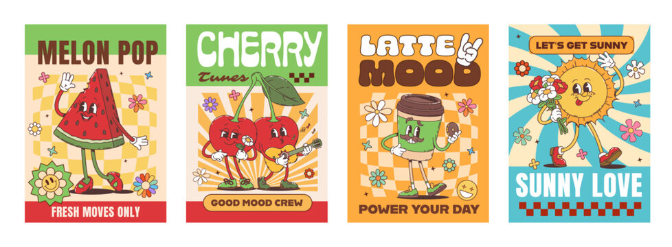 Hippie groovy food characters on posters with funny fruits, cartoon retro vector set. Groovy posters, hippie sun and funky coffee cup, watermelon character with smile on face and cherry play guitar