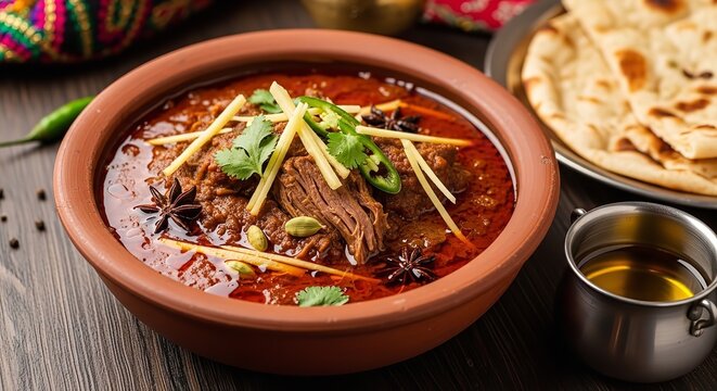 Delicious Nihari dish with meat, herbs, and spices, served with naan bread