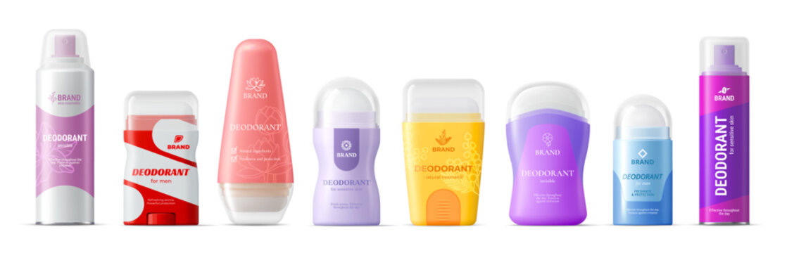 Deodorant package realistic 3d mockup. Vector set of antiperspirants and body spray packaging in vibrant colors. Sticks and rolls for daily hygiene protection, freshness and sensitive skin care