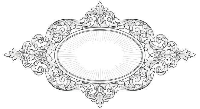 Detailed black and white engraving of a vintage ornate oval frame with floral scrolls and decorative elements for classical design.