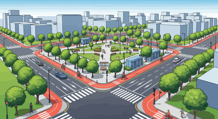 Urban green space with modern intersection, bike lanes, and pedestrian walkways © Ulvi