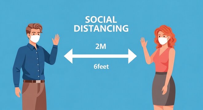 People wearing face masks demonstrating social distancing with arrows showing 2m and 6 feet separation