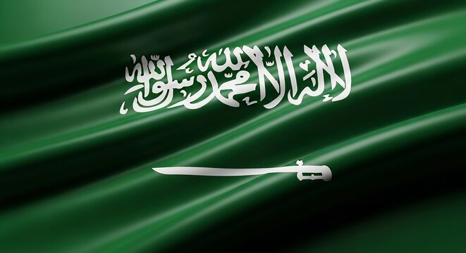 Knife ready for combat on Saudi Arabian flag background with Arabic calligraphy and glowing green stripes