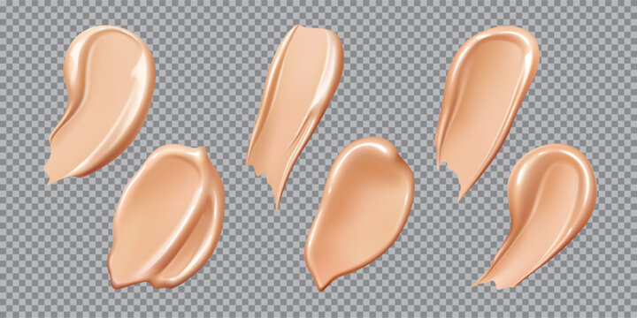 Realistic foundation cream and cosmetic swatch smears for makeup, vector strokes set. Beige foundation cream swatches of concealer liquid or face cosmetic and BB or CC cream texture in glossy smears