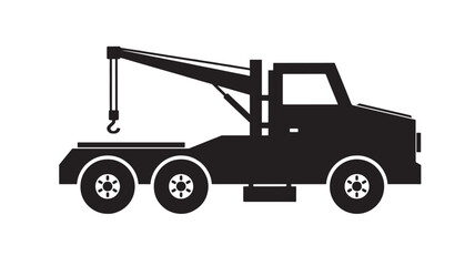Truck crane icon with black silhouette, white outlines, and a raised boom for construction work featuring lifting, hoist, machinery with vector style © Olise