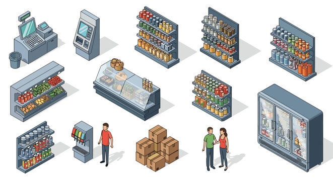 Comprehensive isometric collection of supermarket and grocery store elements featuring shelves, people, checkout counters, and products.