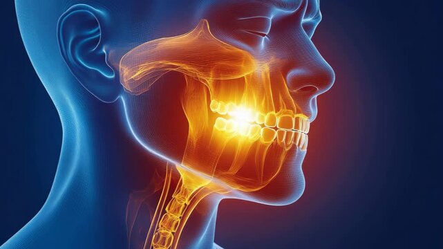 selective focus intense toothache highlighted in lower jaw with dramatic glow