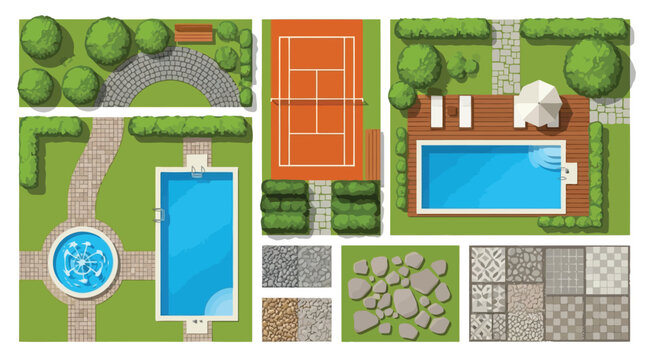 A collection of various outdoor pool and garden designs with different textures and patterns