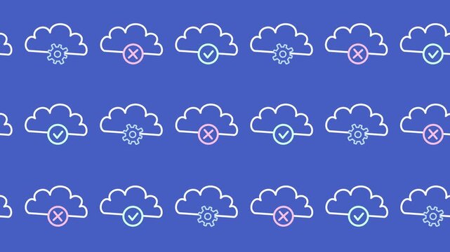 Seamless cloud computing pattern with status and configuration icons in an abstract background animation. Minimalist outline cloud grid with success and error notification wallpaper.