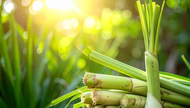 Fresh sugarcane stalks in sunlight