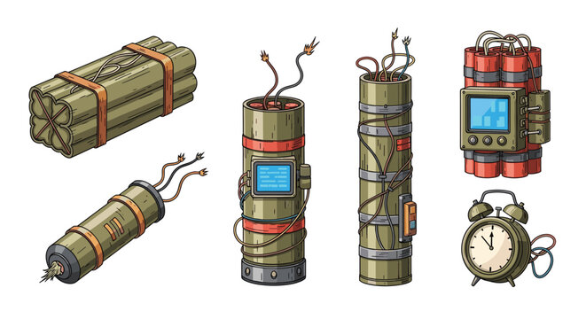 Various types of improvised explosive devices and sticks of dynamite equipped with digital timers, wires, and alarm clocks.
