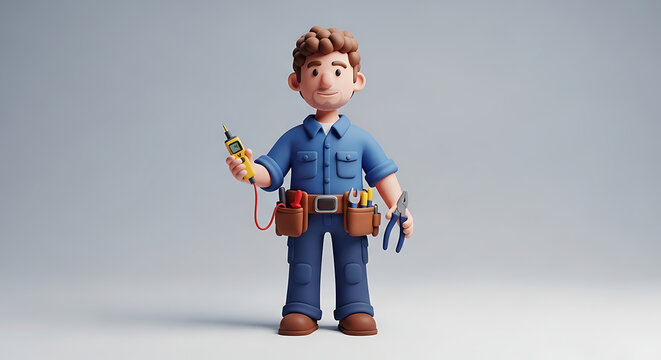 Cartoon electrician holding voltage meter and pliers with tool belt and tools on gray background, professional handyman character illustration.