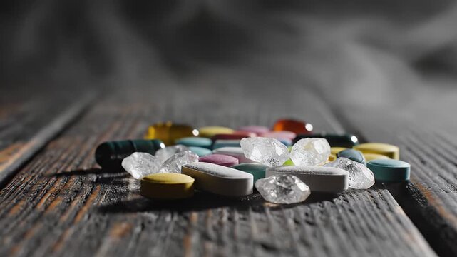Pile of colorful pills and crystal shards with smoke on wooden table