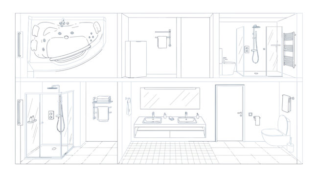 Blueprint style illustration of a modern bathroom interior with various fixtures and fittings including a bathtub, shower, sink, toilet and bidet