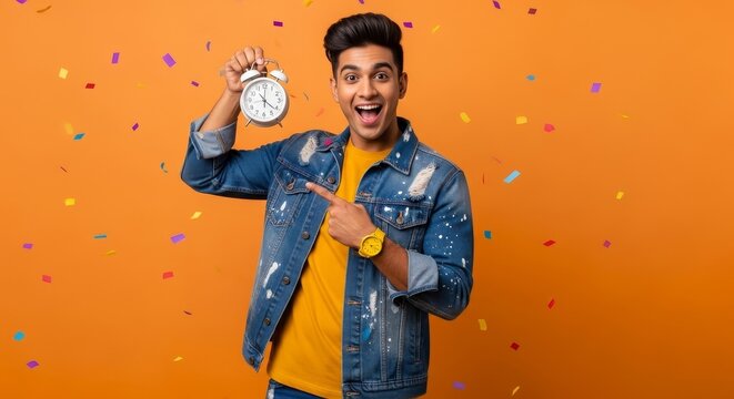 Excited man in denim jacket pointing at alarm clock with confetti on orange background studio shot
