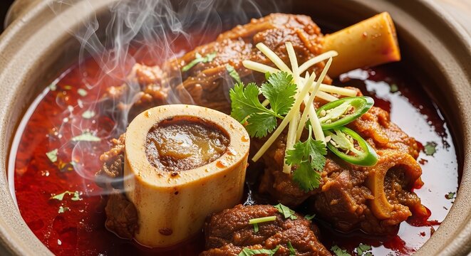 Steaming bowl of nalli nihari with bone marrow and herbs