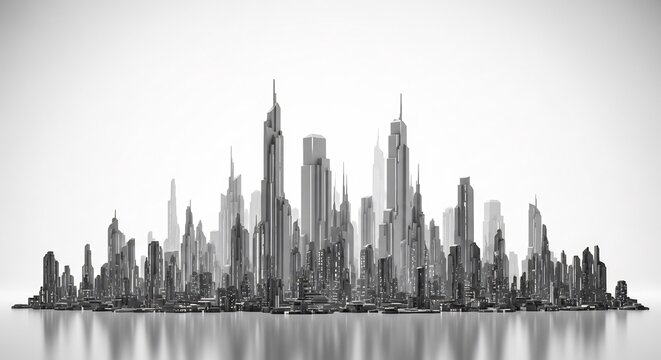 白黒写真 街並みが水面に映り込み静かにそびえ立つ