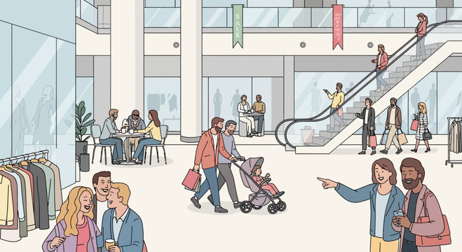 Diverse shoppers enjoying a bright, modern shopping mall with escalators, stores, and cafes.