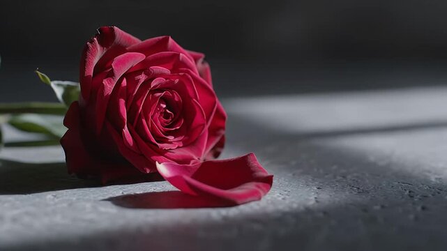 Single Red Rose on Textured Surface with Dramatic Lighting
