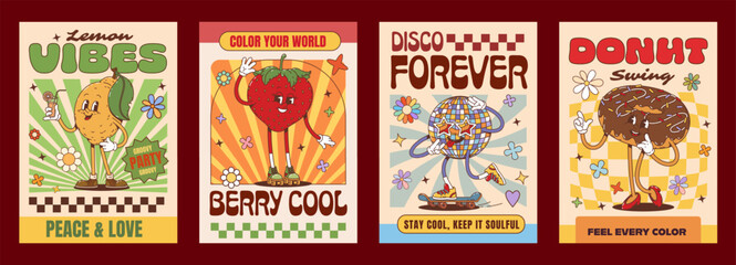 Obraz premium Retro funky groovy hippie characters posters with funny disco ball in sunglasses, cartoon vector. Y2K groovy posters with hippie strawberry and freaky donut dessert with flowers and good vibe quotes