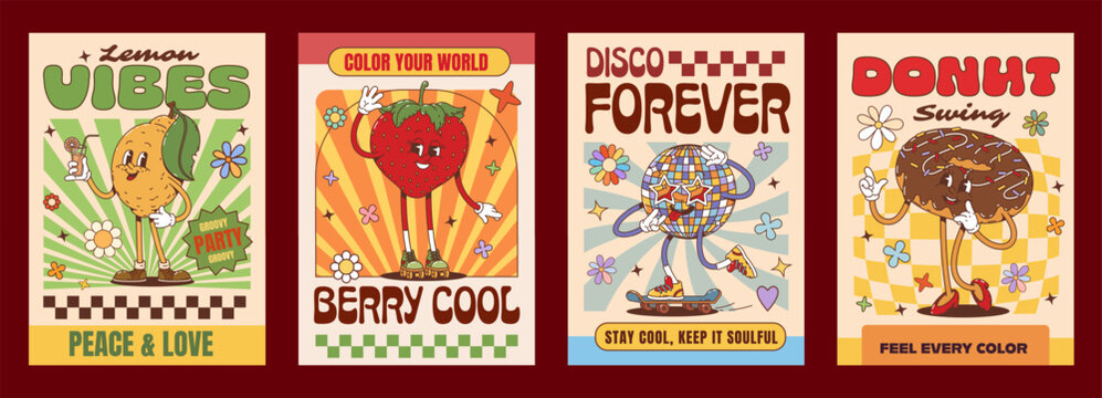 Retro funky groovy hippie characters posters with funny disco ball in sunglasses, cartoon vector. Y2K groovy posters with hippie strawberry and freaky donut dessert with flowers and good vibe quotes