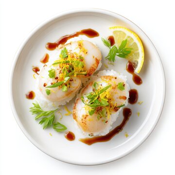 Hotate nigiri sushi with fresh scallop slice on rice lightly isolated on a white background