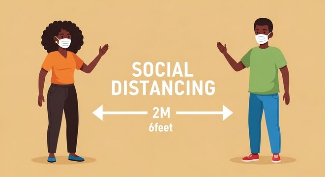 People wearing face masks practicing social distancing with two meter line and 6 feet spacing warning graphic