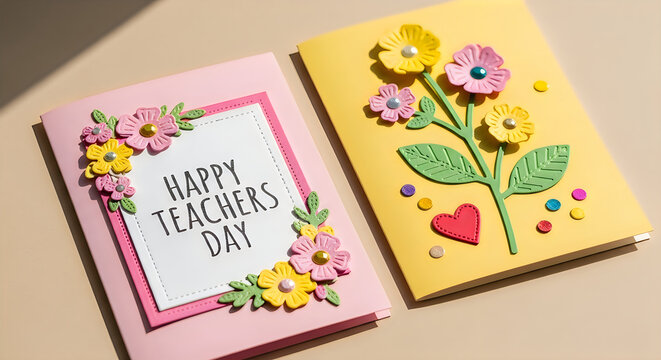 Handmade Teachers Day card with floral design and cheerful message on wooden surface