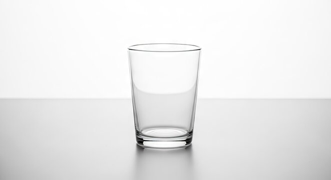 Empty glass on a reflective surface against a plain white background