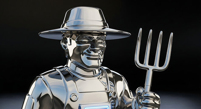 Farmer with pitchfork, metallic sculpture, agricultural worker, farming profession, rural occupation, harvest season, healthy food production.