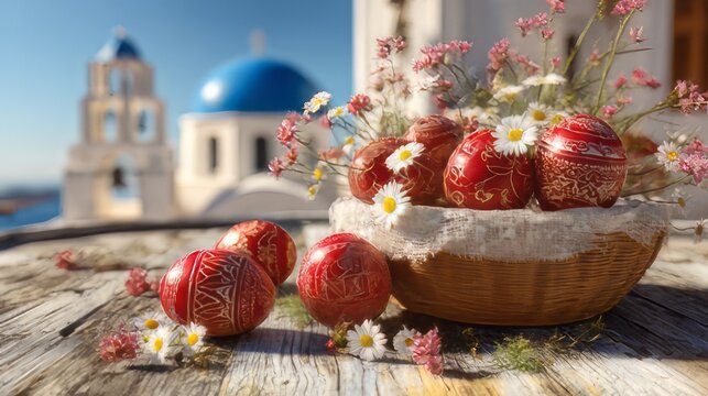 Greek Easter (Pascha) holiday celebration with basket of red Easter eggs and  traditional Greek chapel church with a blue dome. 