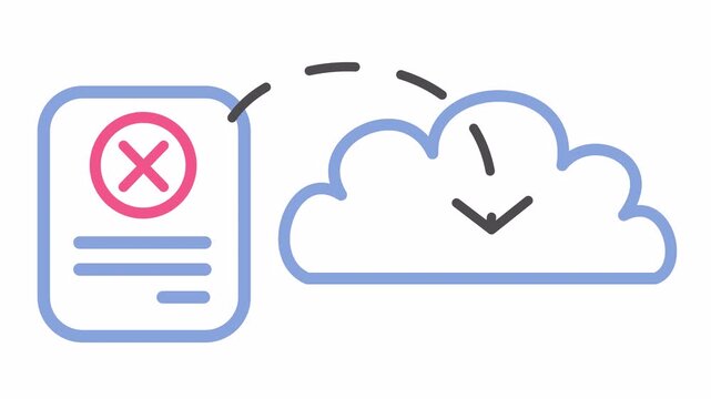 Rejected document transfer to cloud storage with an error symbol isolated on an alpha channel. Failed data sync and wrong cloud migration process. Minimalist digital workflow in cartoon animation.