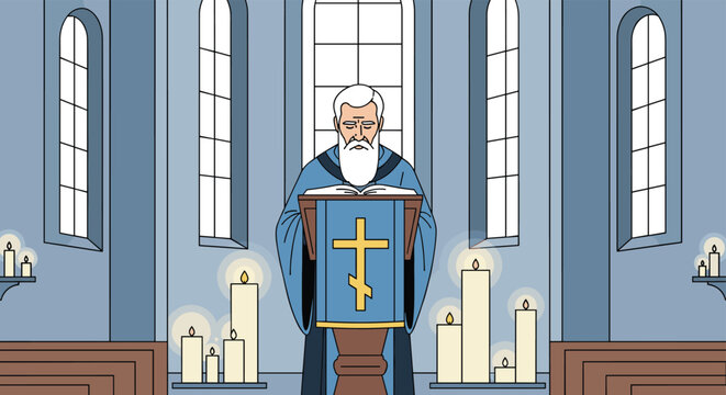 Orthodox priest with a long white beard reading from a holy book at a podium surrounded by candles in a quiet church.