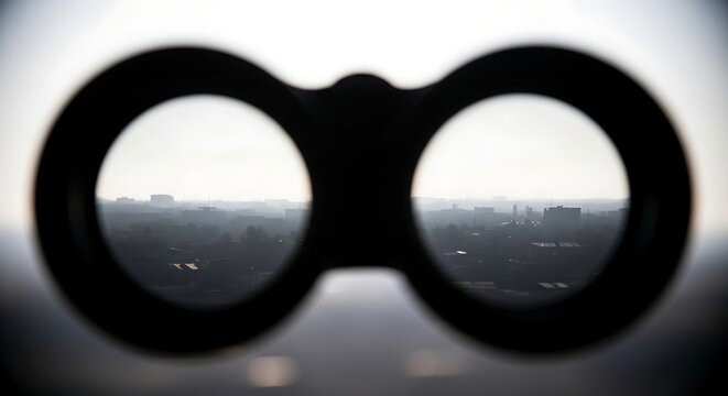 Searching the horizon A focused binocular view of a sprawling metropolitan area under haze