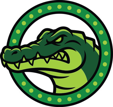 Crocodile head logo features an aggressive expression framed by a dotted circular border.