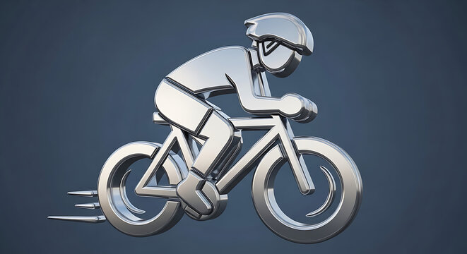 Metallic silver cyclist emblem in aerodynamic racing position on bicycle isolated on solid blue background with motion speed lines behind back wheel.