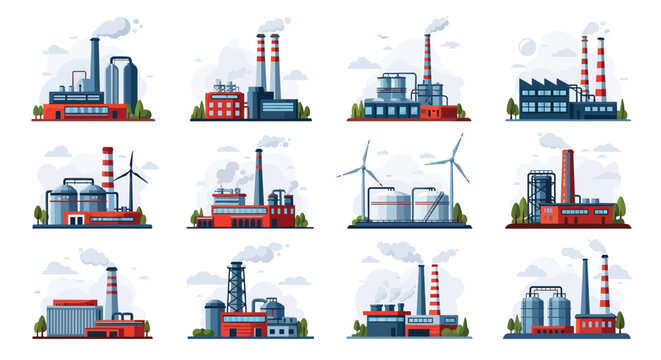 Diverse collection of industrial factory building illustrations featuring chimneys, storage tanks, and wind turbines in a flat vector style.