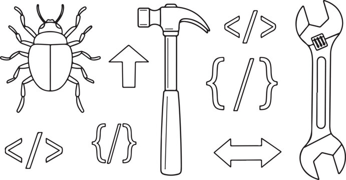 Hand Drawn Programming and Development Tools Set with Bug Hammer Code Symbols Wrench Line Vector Illustration