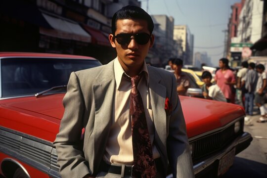 Sunglasses portrait vehicle street.