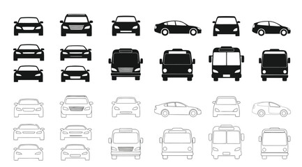 Collection of various car and bus silhouettes in black and gray © S.Siam