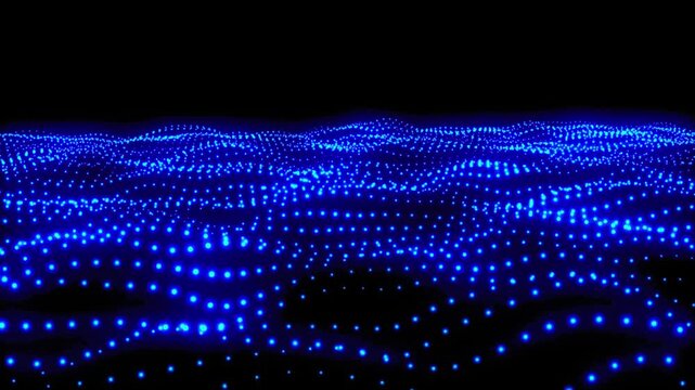 Abstract blue digital wave of glowing particles flowing in a dark cyber space for technology and big data concepts.
