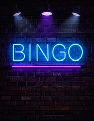 Fototapeta premium A neon sign reading BINGO on a brick wall with spotlights