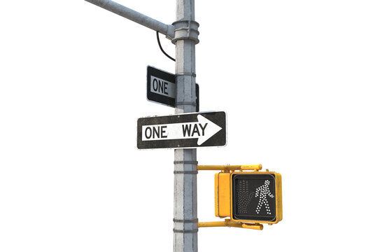 3D render of a Manhattan traffic light with One Way signs and pedestrian signal. Classic New York urban street infrastructure isolated on transparent background.