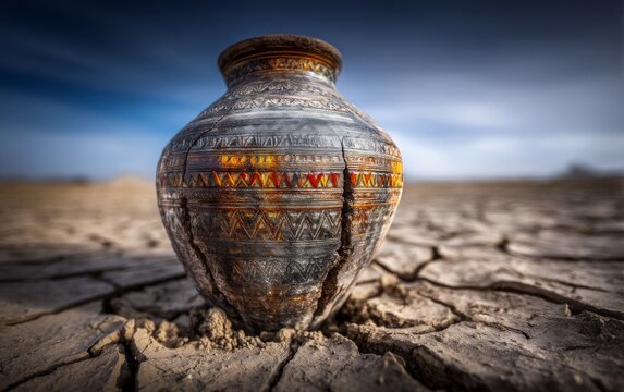Ancient Ceramic Amphora Buried in Dry Cracked Earth Landscape