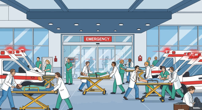 Emergency Room Entrance with Ambulances, Medical Staff, and Patients on Stretchers