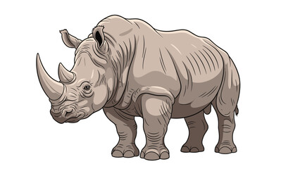 Fototapeta premium Large grey rhinoceros standing firmly on all four legs and looking forward with its two distinctive horns against a white background.