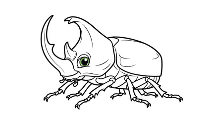 Fototapeta premium Detailed line art illustration of a powerful rhinoceros beetle features its large horns and segmented body with bright green eyes.
